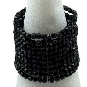 Black Faceted Beaded Stretch Bracelet Wide Statement‎ Cuff